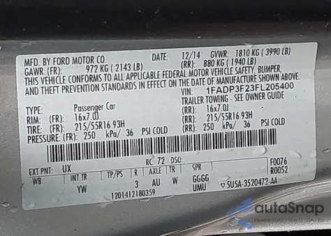 2015 Ford Focus Se z USA, uszkodzony, nr VIN 1FADP3F23FL205400